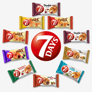 Croissante 7 Days, cu logo central și sortimente în jur