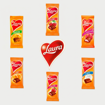 Ciocolată Laura, logo central și șase sortimente de tablete