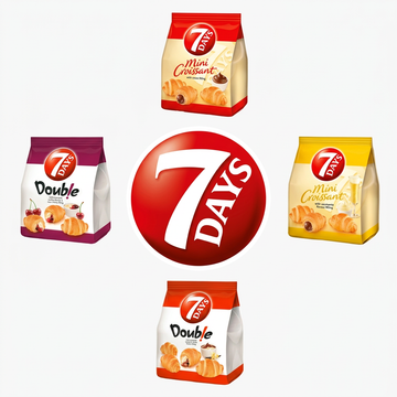 7 Days Mini, logo central și patru pungi de mini croissante